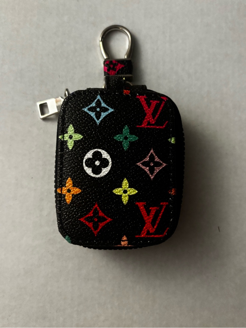 Designer-Inspired Black Multicolor Monogram Key Pouch with Clip